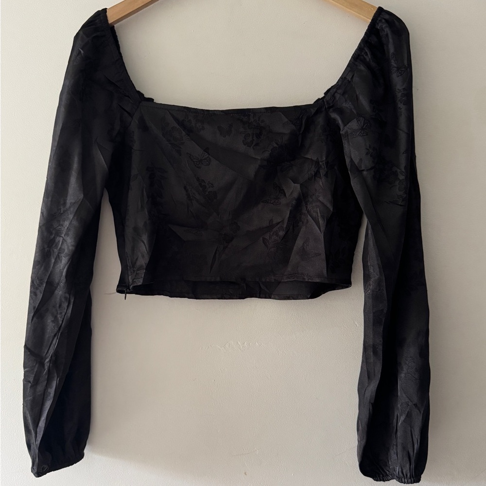 PacSun LA Hearts Black Satin Long Sleeve Bustier Crop Top Flower Butterfly - Picture 2 of 5